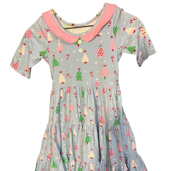 Eleanor Rose Girls Christmas Tree & Candy Cane Print Dress Size 10-12 Cotton Ble - Picture 1 of 6